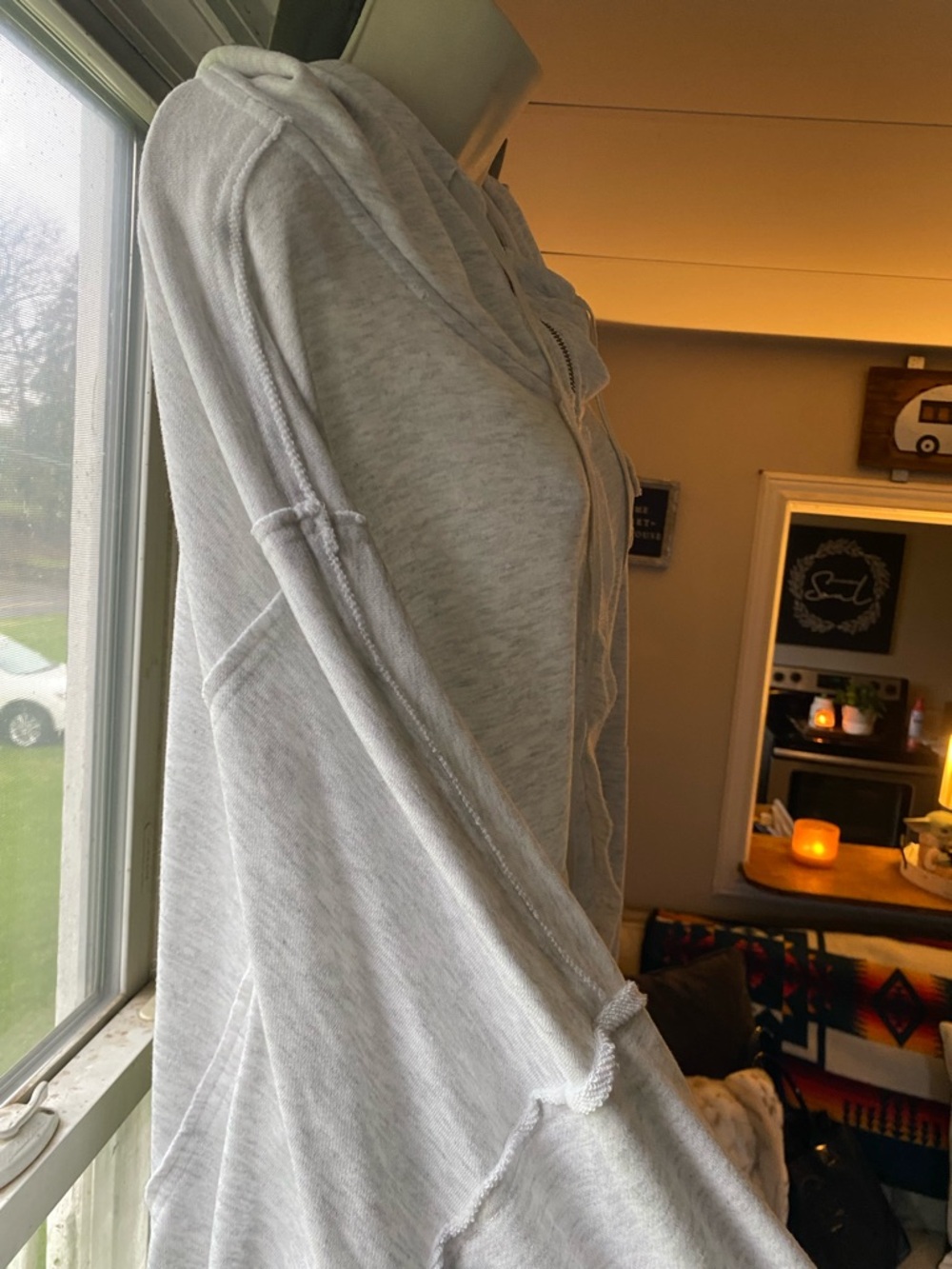 Bucket List light Gray oversized Ruffle Zip Hoodie with Drawstrings! Medium! - Picture 9 of 14